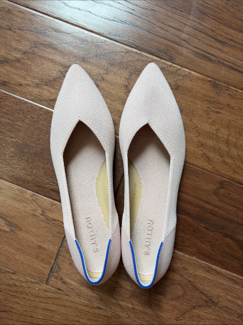 Rothy's Pointed Knit Flats in Blush with Blue Heel Trim